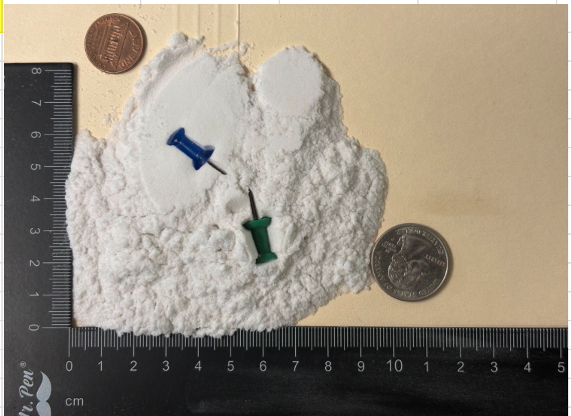 Filter Aid grade expanded perlite powder shown next to a ruler, coin, and push pins for scale reference
